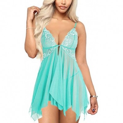 Baby Dolls & Chemises Womens Lingerie Front Closure Lace Babydoll Chemise V Neck Open Front Mesh Sleepwear - Green - CM18628HIQC