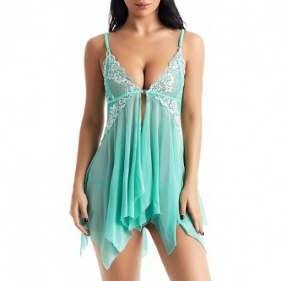 Baby Dolls & Chemises Womens Lingerie Front Closure Lace Babydoll Chemise V Neck Open Front Mesh Sleepwear - Green - CM18628HIQC