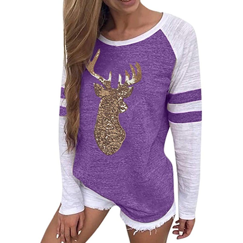 Shapewear Festival Christmas Womens Reindeer Blouses T-Shirt Xmas Long Sleeve Tops - Purple - CJ18L3TX59Q