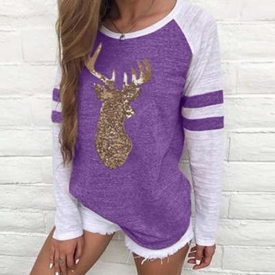 Shapewear Festival Christmas Womens Reindeer Blouses T-Shirt Xmas Long Sleeve Tops - Purple - CJ18L3TX59Q