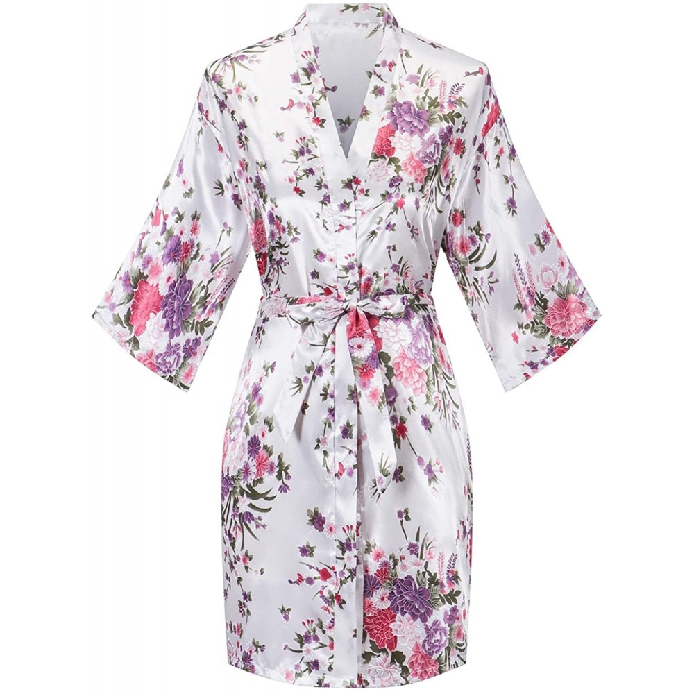 Robes Women's Floral Satin Kimono Robes Short Silk Kimonos for Bridesmaid Wedding Party Gown Sleepwear - White - CH18T6IOWMX