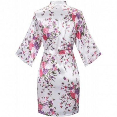 Robes Women's Floral Satin Kimono Robes Short Silk Kimonos for Bridesmaid Wedding Party Gown Sleepwear - White - CH18T6IOWMX