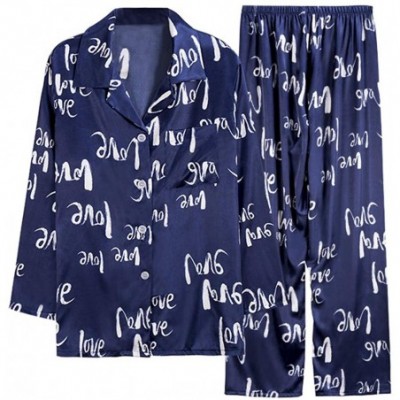 Sleep Sets Men's Satin Printed Long Sleeve Sleepwear Pajamas Pants Set Loungewear - CC198QWWHCI