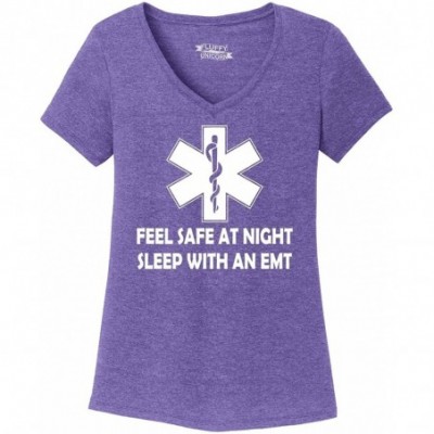 Tops Ladies Feel Safe at Night Sleep with EMT Triblend V-Neck - Purple Frost - CZ18YIAEDC8