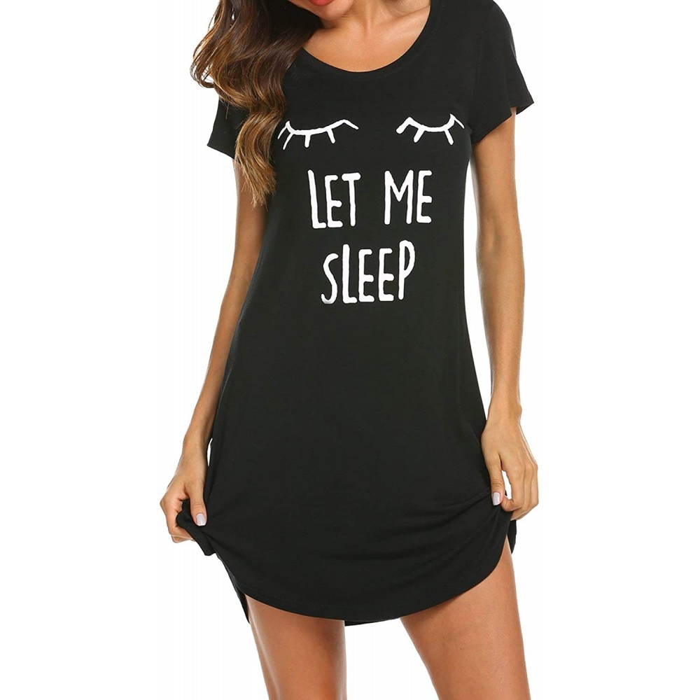 Nightgowns & Sleepshirts Womens Night Shirt for Sleeping Sleepwear Short Sleeve Cute Print Sleep Shirts - Black - C719C9TEKUA