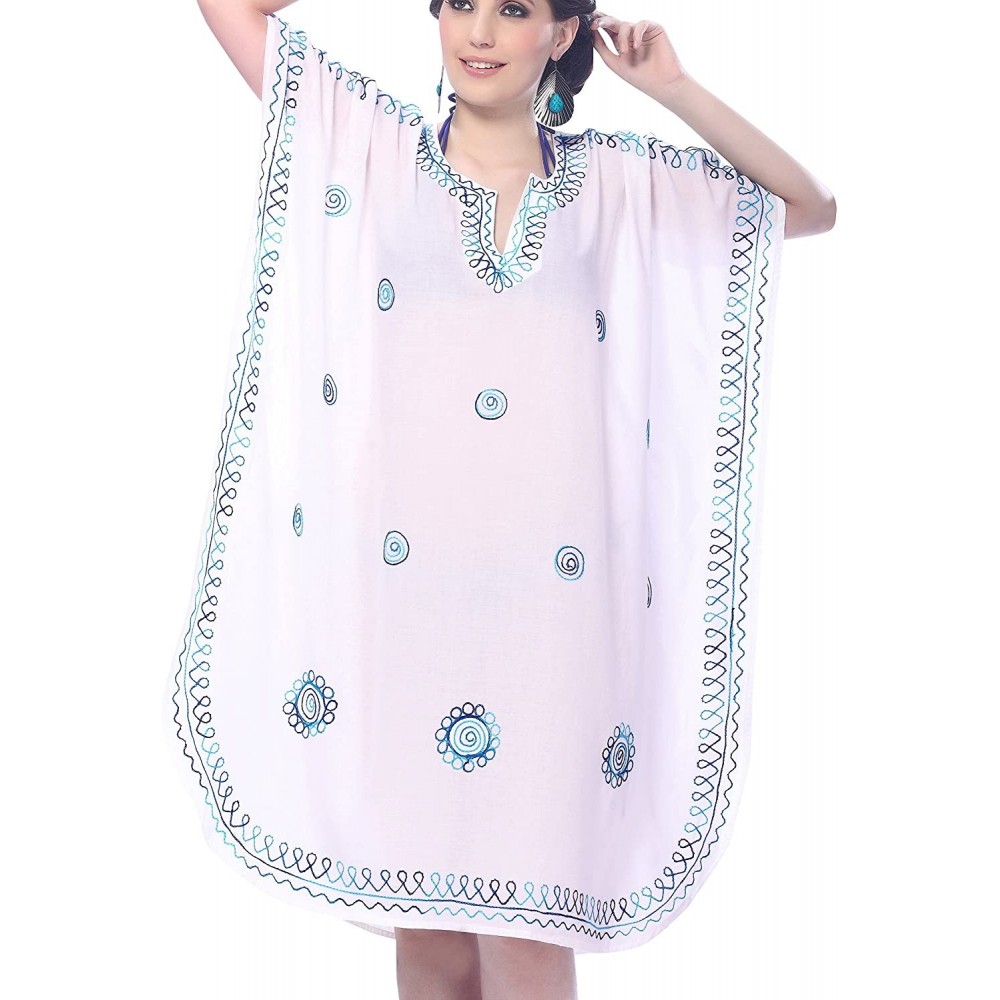 Nightgowns & Sleepshirts Women's Midi Caftan Night Dress Loungewear Beach Cover Ups Embroidered - Ghost White_e230 - C611H0ZHA25