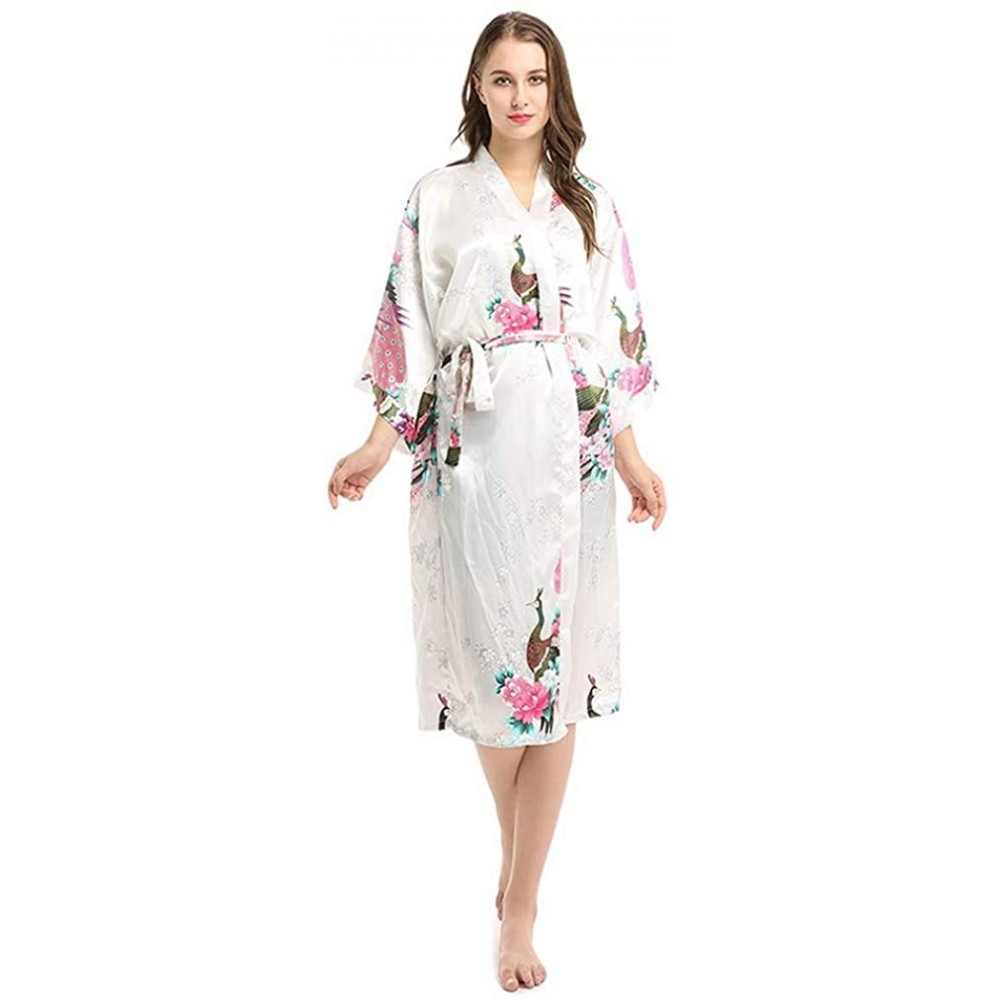 Nightgowns & Sleepshirts Floral Pattern Kimono Long Bathrobe for Women - White - C218TX4IAD7