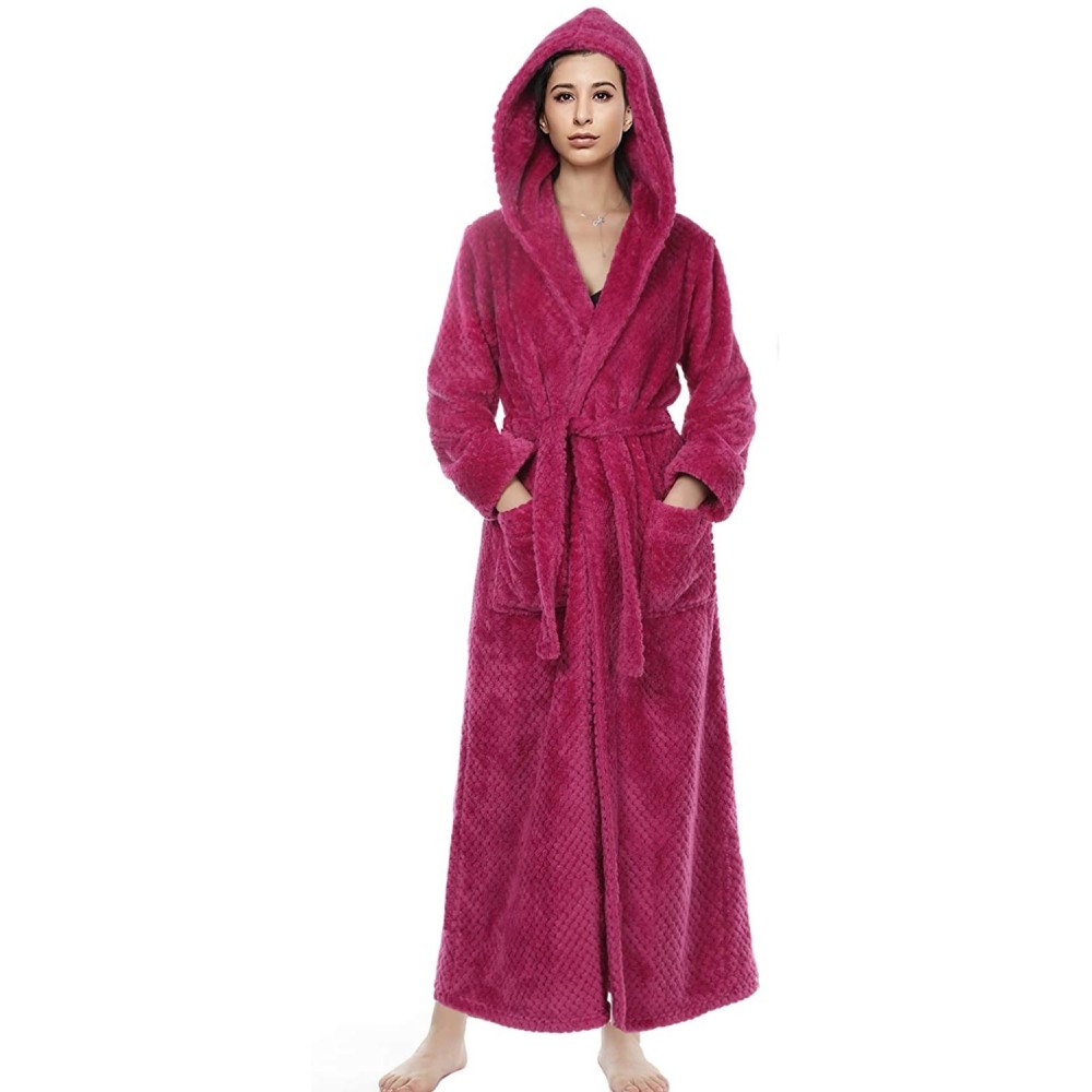 Robes Women Soft Warm Robes Hooded Long Bathrobe Plush Fleece Housecoat - 1-rose - C519DSKA78I