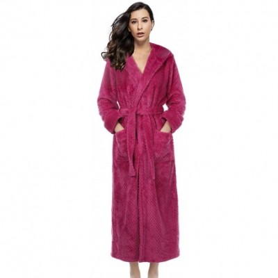 Robes Women Soft Warm Robes Hooded Long Bathrobe Plush Fleece Housecoat - 1-rose - C519DSKA78I