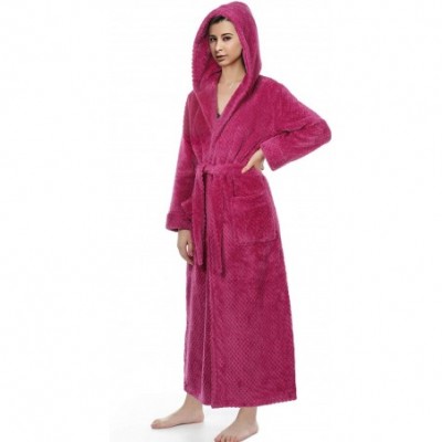 Robes Women Soft Warm Robes Hooded Long Bathrobe Plush Fleece Housecoat - 1-rose - C519DSKA78I