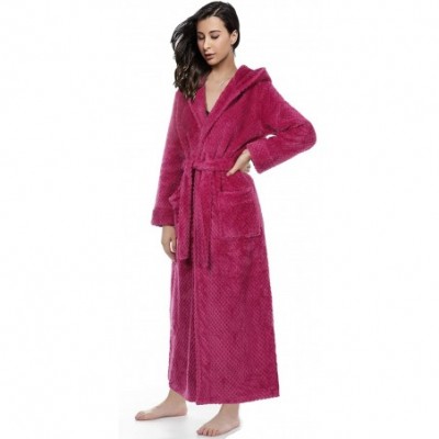 Robes Women Soft Warm Robes Hooded Long Bathrobe Plush Fleece Housecoat - 1-rose - C519DSKA78I