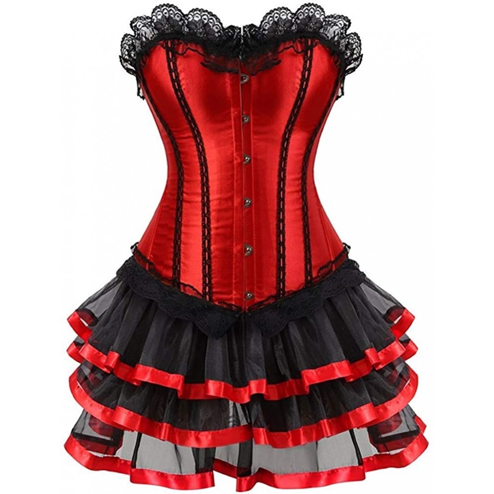 Bustiers & Corsets Women's Fashion Plus Size Lace Strapless Up Boned Corset Bustier Bridal Lingerie Tutu Skirt - Red 4 - CW18...