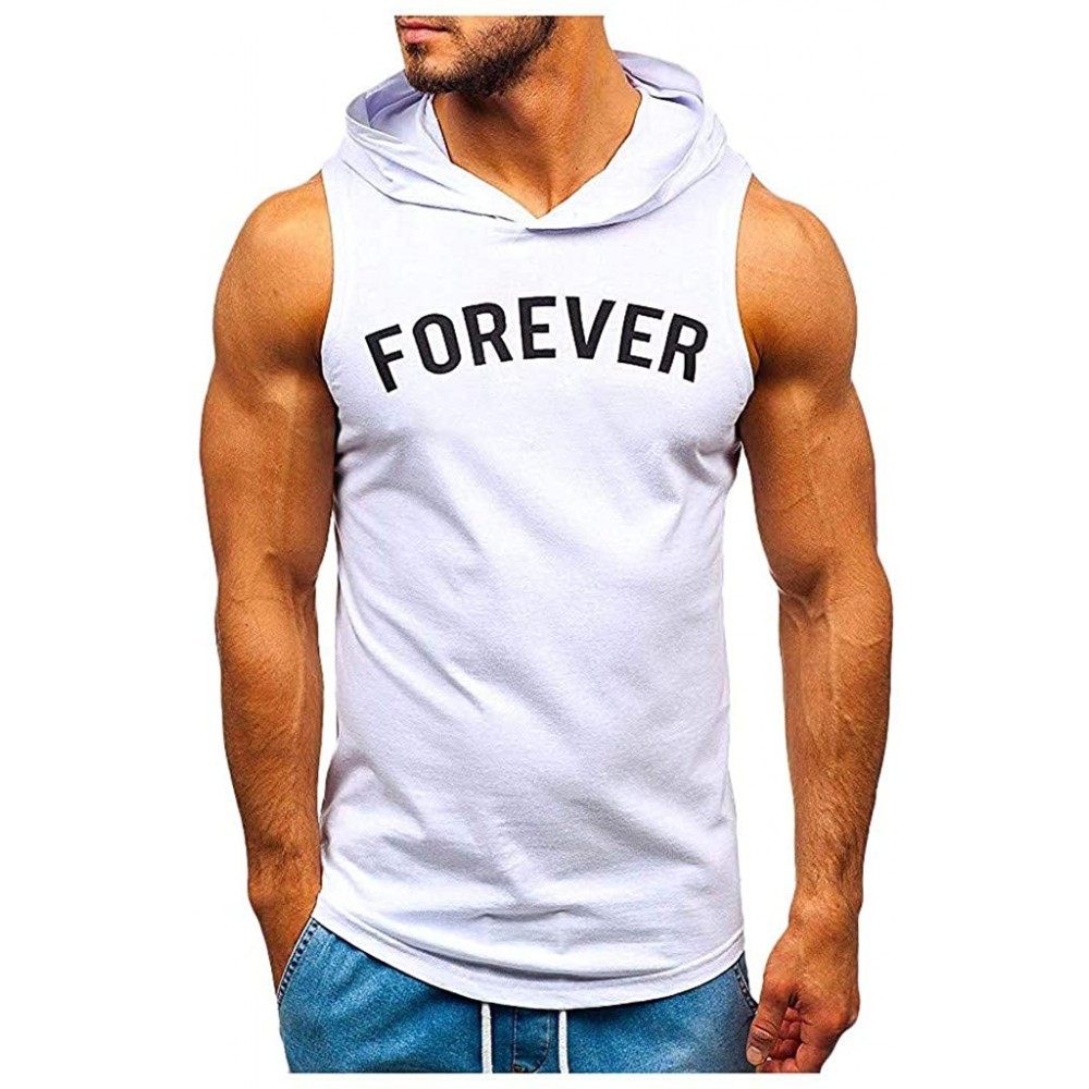 Thermal Underwear Men Vest Tops Fitness Print Sleeveless Hooded Bodybuilding Pocket Tight-Drying Singlet Shirt - White - CU19...