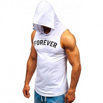 Thermal Underwear Men Vest Tops Fitness Print Sleeveless Hooded Bodybuilding Pocket Tight-Drying Singlet Shirt - White - CU19...