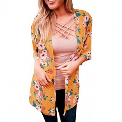 Tops Women's Cover Up Blouse Print Half Sleeve O-Neck Boho Cardigan Shirt Tops - Yellow - CO18SN66KQ3