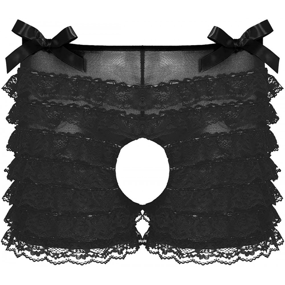 Briefs Men's Mid Rise Bowknot Sissy Maid Floral Lace Bikini Briefs Crossdress Underwear - Black - CA1983WQLH9