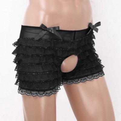 Briefs Men's Mid Rise Bowknot Sissy Maid Floral Lace Bikini Briefs Crossdress Underwear - Black - CA1983WQLH9