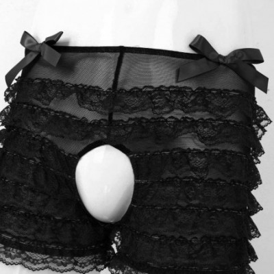 Briefs Men's Mid Rise Bowknot Sissy Maid Floral Lace Bikini Briefs Crossdress Underwear - Black - CA1983WQLH9