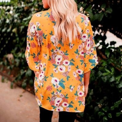 Tops Women's Cover Up Blouse Print Half Sleeve O-Neck Boho Cardigan Shirt Tops - Yellow - CO18SN66KQ3