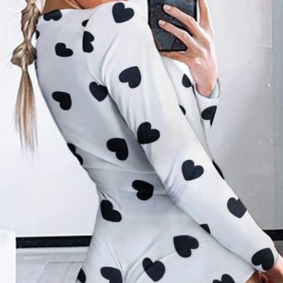 Sets Womens Sleepwear Jumpsuits Long Sleeve Pajamas Deep V Neck Skinny Bodycon Sexy Jumpsuit Printed Home Clothing A white - ...