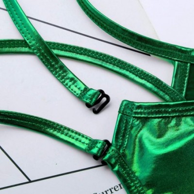 G-Strings & Thongs Men's Shiny Metallic Bulge Pouch G-String Thong Bikini Briefs Strappy Jockstrap Underwear - Green - CK18TQ...