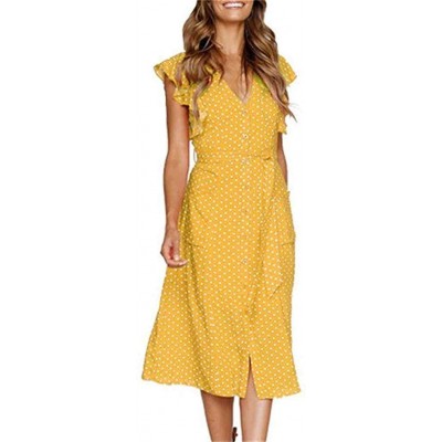 Camisoles & Tanks Sexy Sundress- Womens Boho Polka-dot Sleeveless Irregular Cocktail Midi Dress - Yellow - CM18STWHQW7