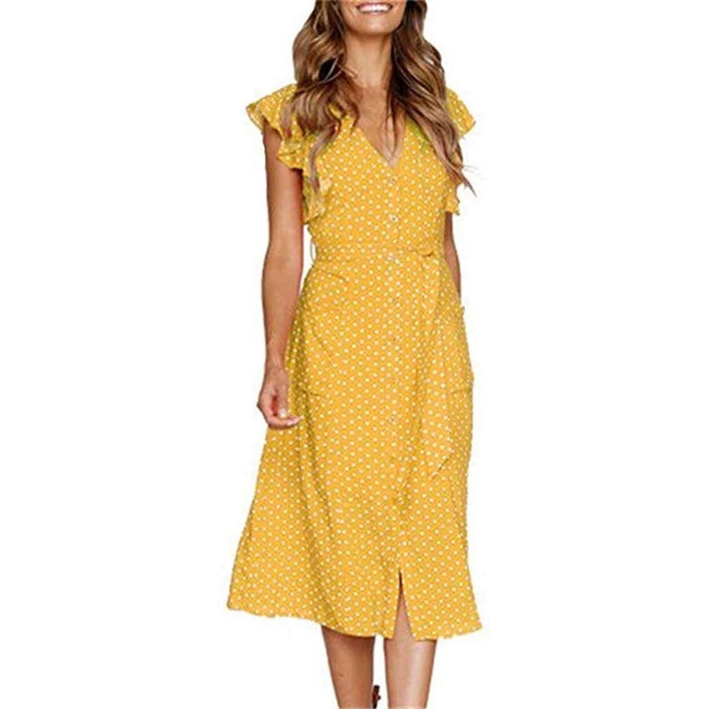 Camisoles & Tanks Sexy Sundress- Womens Boho Polka-dot Sleeveless Irregular Cocktail Midi Dress - Yellow - CM18STWHQW7