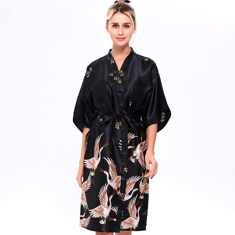 Robes Pajamas Female hot Ladies Ice Silk Robe in The Sleeves Large Size Bathrobe Simulation Silk Bride Dressing Gown-Black-XX...