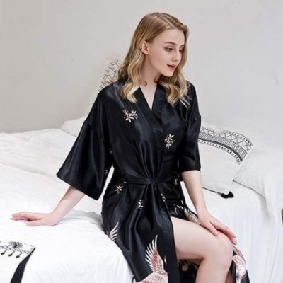 Robes Pajamas Female hot Ladies Ice Silk Robe in The Sleeves Large Size Bathrobe Simulation Silk Bride Dressing Gown-Black-XX...