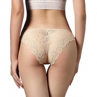 Panties Women's Low Rise Eyelash Floral Lace Hipster Cheeky Thong Panty - Nude - CU18L8CG70C