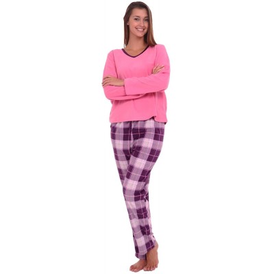 Sets Women's Warm Fleece Pajamas- Long V Neck Pj Set - Purple Plaid With Purple Trim - C311VOVYTPD