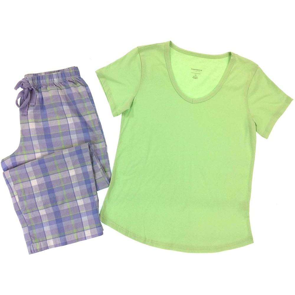 Sets Club 100% Cotton Capri/Cropped Pant Pajama Set - Pastel Plaid - CR199UWIUEQ