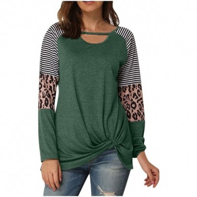 Thermal Underwear Women Twist Knot Tunics Tops Long Sleeve Leopard Color Block Casual Stripe T-Shirt - A-green - CX193Z3I9XG