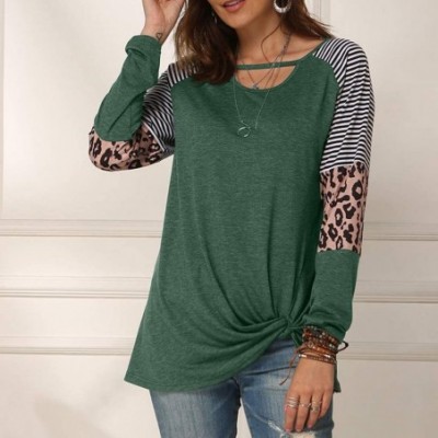 Thermal Underwear Women Twist Knot Tunics Tops Long Sleeve Leopard Color Block Casual Stripe T-Shirt - A-green - CX193Z3I9XG