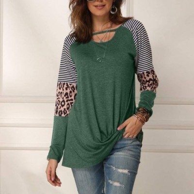 Thermal Underwear Women Twist Knot Tunics Tops Long Sleeve Leopard Color Block Casual Stripe T-Shirt - A-green - CX193Z3I9XG