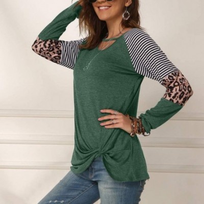 Thermal Underwear Women Twist Knot Tunics Tops Long Sleeve Leopard Color Block Casual Stripe T-Shirt - A-green - CX193Z3I9XG