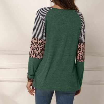 Thermal Underwear Women Twist Knot Tunics Tops Long Sleeve Leopard Color Block Casual Stripe T-Shirt - A-green - CX193Z3I9XG