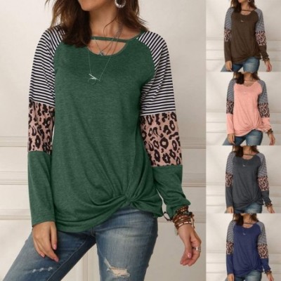 Thermal Underwear Women Twist Knot Tunics Tops Long Sleeve Leopard Color Block Casual Stripe T-Shirt - A-green - CX193Z3I9XG