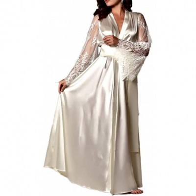 Robes Women Sexy Lace Satin Long Robes Lingerie Gown Deep V Neck Wedding Nightdress Sleepwear - White - CT19D38RS04