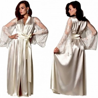 Robes Women Sexy Lace Satin Long Robes Lingerie Gown Deep V Neck Wedding Nightdress Sleepwear - White - CT19D38RS04