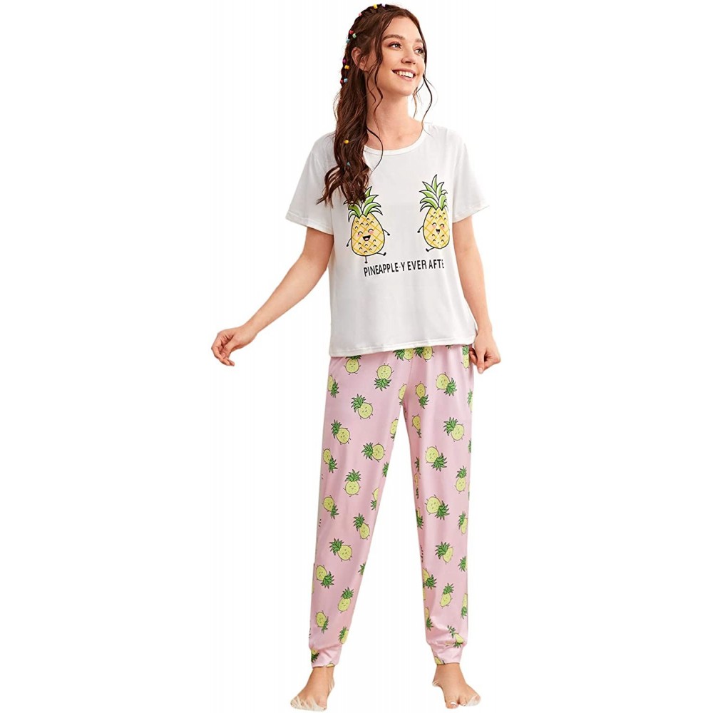 Sets Women's Letter Print Tee and Plaid Pants Pajama Set Sleepwear - White Pineapple - CB196SCTW3S