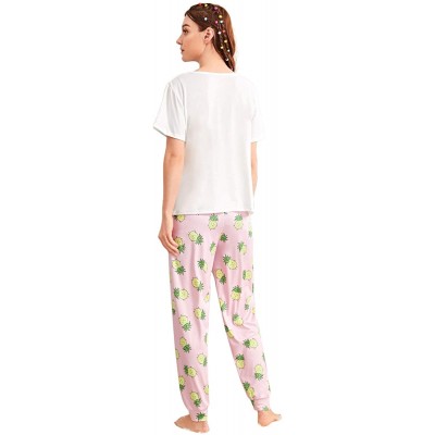 Sets Women's Letter Print Tee and Plaid Pants Pajama Set Sleepwear - White Pineapple - CB196SCTW3S