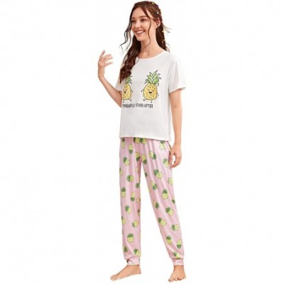 Sets Women's Letter Print Tee and Plaid Pants Pajama Set Sleepwear - White Pineapple - CB196SCTW3S