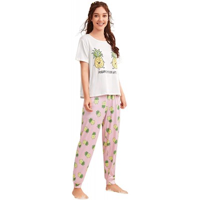 Sets Women's Letter Print Tee and Plaid Pants Pajama Set Sleepwear - White Pineapple - CB196SCTW3S