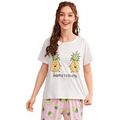 Sets Women's Letter Print Tee and Plaid Pants Pajama Set Sleepwear - White Pineapple - CB196SCTW3S