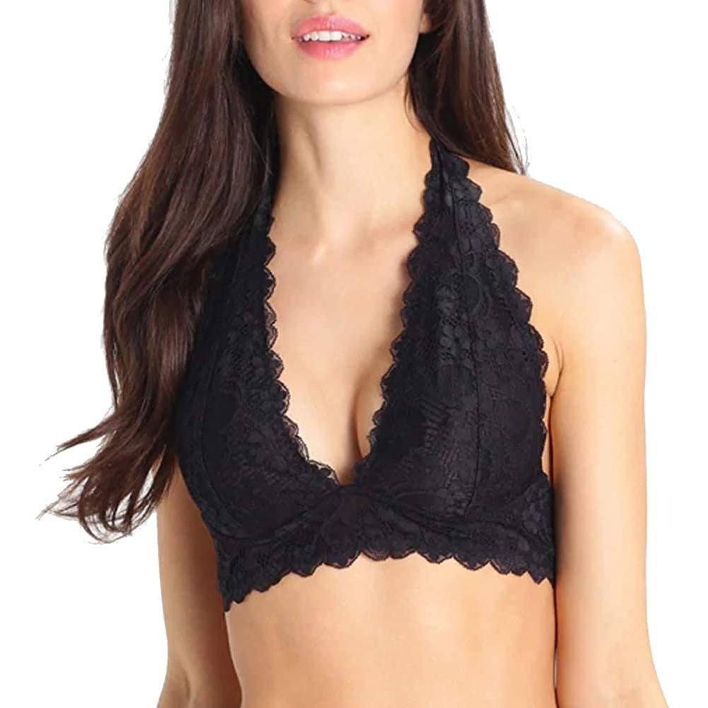 Bras Women's Halter Lace Bralette Hook and Eye Closure Unpadded Wirefree Bra - Black - C118U8UOEER