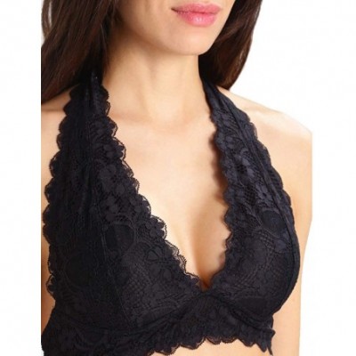 Bras Women's Halter Lace Bralette Hook and Eye Closure Unpadded Wirefree Bra - Black - C118U8UOEER