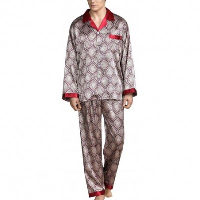 Sleep Sets Men's Long Sleeve Silk Satin Classic Printed Pajama Set Luxury Silky Pajamas Sleepwear - Red 02 - C5199UO6K4Q