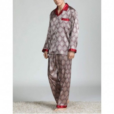 Sleep Sets Men's Long Sleeve Silk Satin Classic Printed Pajama Set Luxury Silky Pajamas Sleepwear - Red 02 - C5199UO6K4Q