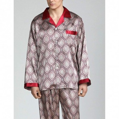 Sleep Sets Men's Long Sleeve Silk Satin Classic Printed Pajama Set Luxury Silky Pajamas Sleepwear - Red 02 - C5199UO6K4Q